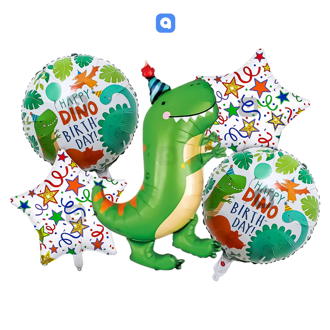 Happy Dino Birthday Foil Balloon Set (5 Pcs) – Dinosaur Party Balloons