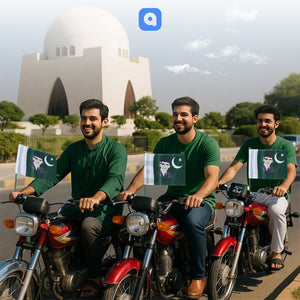 Three men on motorcycles with Pakistani flags in front of a quaid e azam tomb