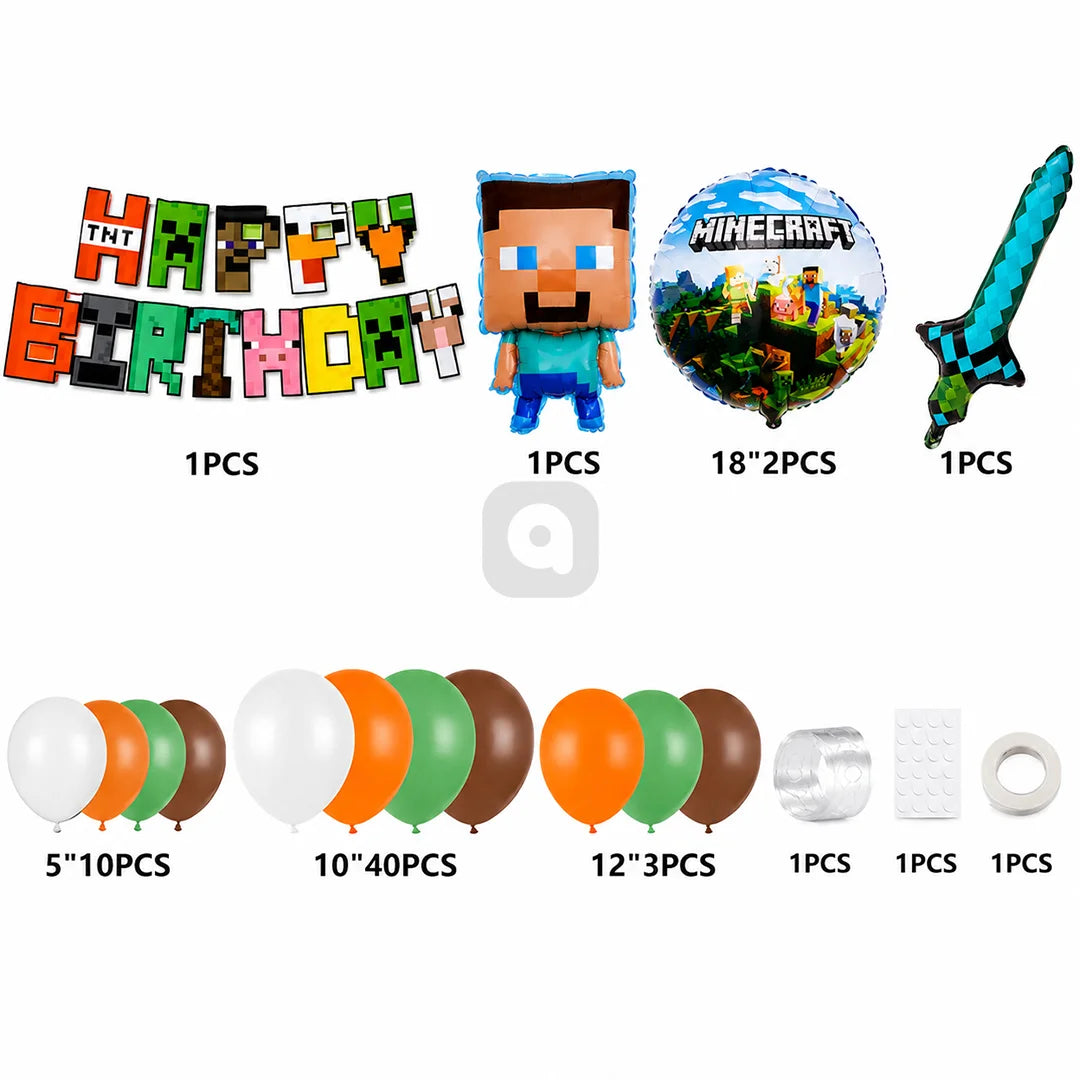 Minecraft Theme Birthday Party Decoration Kit – Happy Birthday Banner, Foil Balloons, Latex Balloon Garland Set for Kids Party Decor