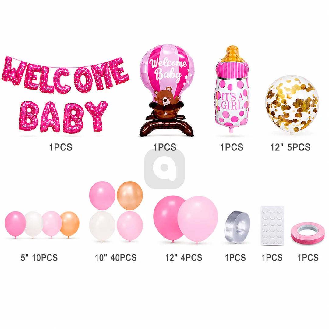 Welcome Baby Girl Decoration Kit – Baby Shower Balloon Garland Set with Foil Banner, Hot Air Balloon & Baby Bottle Foil Balloons