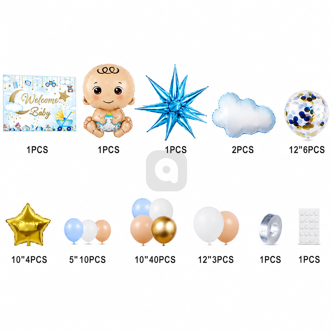 Welcome Baby Boy Decoration Kit – Baby Shower Balloon Garland Set with Baby Foil Balloon, Cloud Balloons & Welcome Baby Backdrop