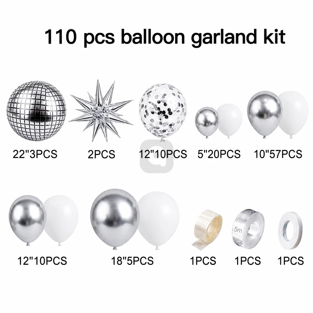Silver & White Disco Balloon Garland Arch Kit with 3D Star Foil Balloons | Disco Theme Birthday Party Decoration Backdrop Set