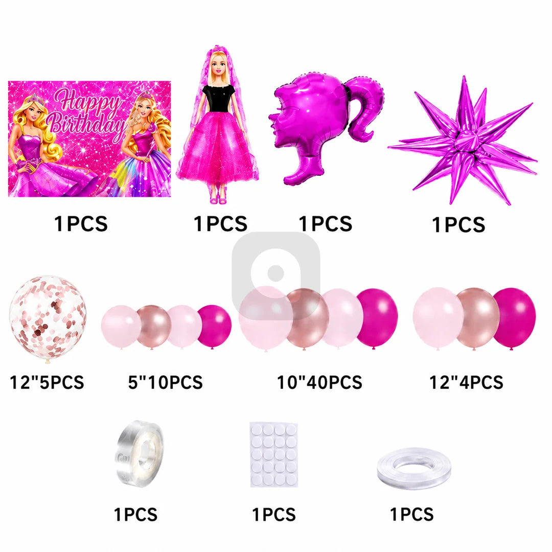 Barbie Theme Birthday Balloon Decoration Set for Girls – Happy Birthday Banner Party Kit with Balloons & Foil Balloons