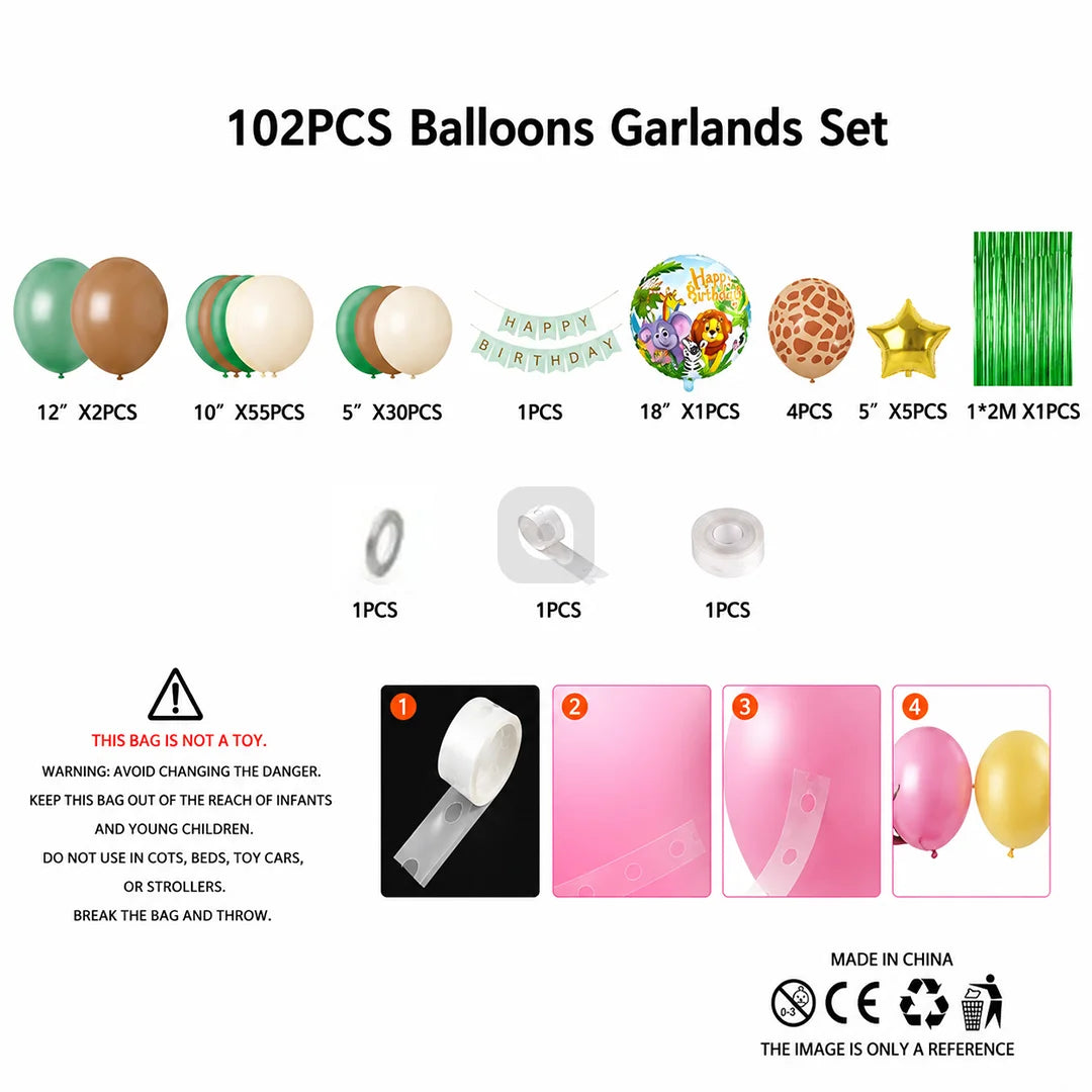 102 PCS Jungle Safari Birthday Balloon Garland Kit | Green Brown Gold Wild Animal Party Decoration Set with Banner & Foil Curtain