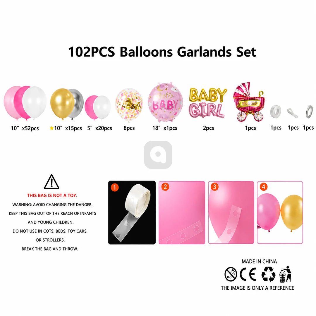 102 PCS Baby Girl Balloon Garland Kit | Pink White Gold Baby Shower Party Decoration Set with Hello Baby & Baby Girl Foil Balloons