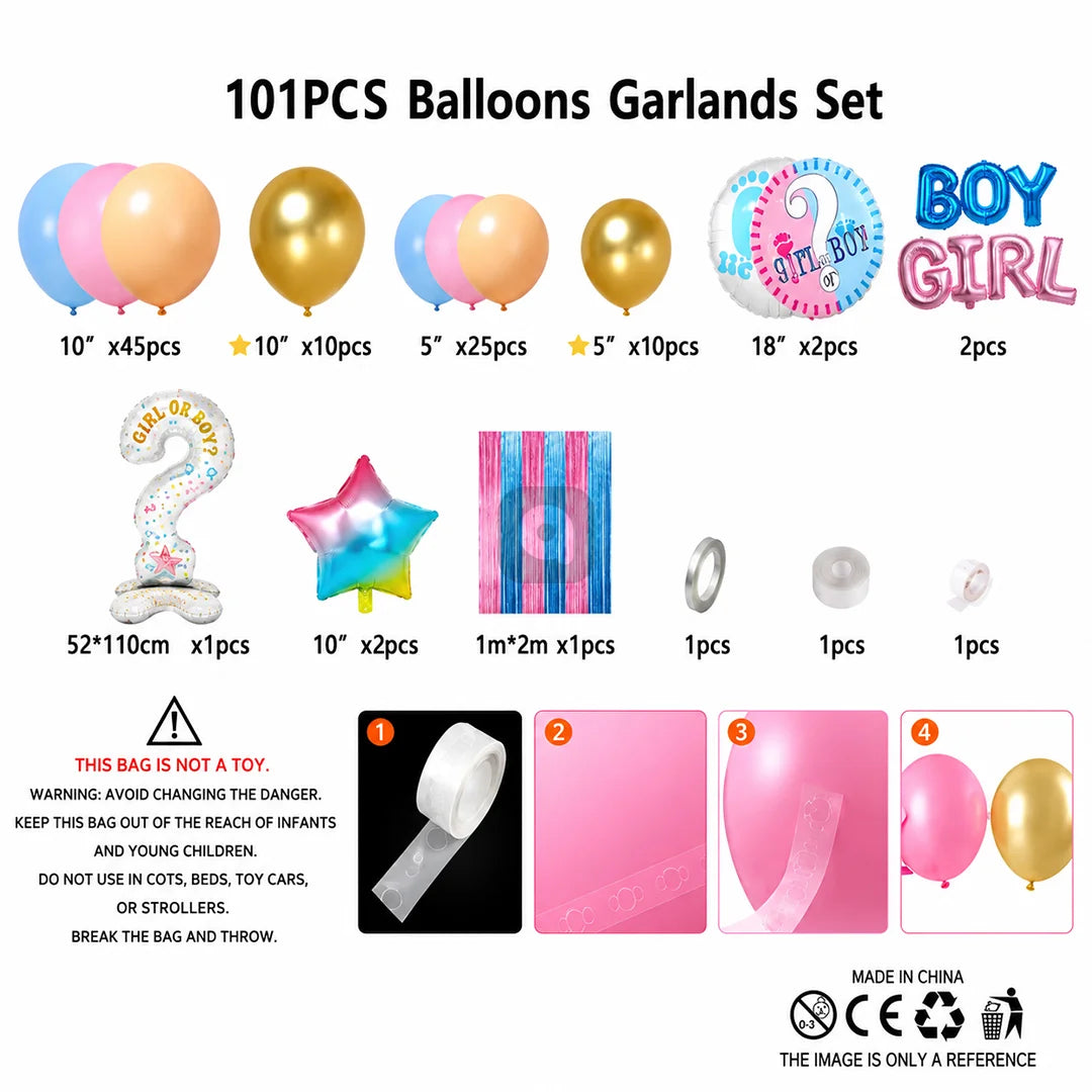 Gender Reveal Balloon Decoration Kit – Boy or Girl Theme Balloon Arch Set with Foil Letter Balloons, Question Mark Foil, Latex Balloons & Fringe Curtain for Baby Shower Party Decor