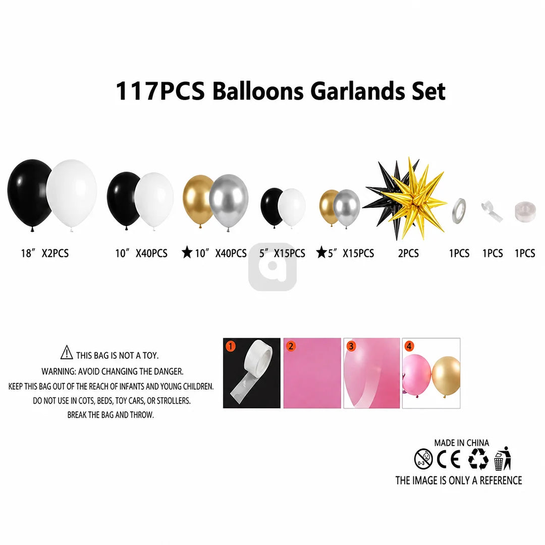 117PCS Black, White, Gold & Silver Balloon Garland Arch Kit with 3D Star Foil Balloons