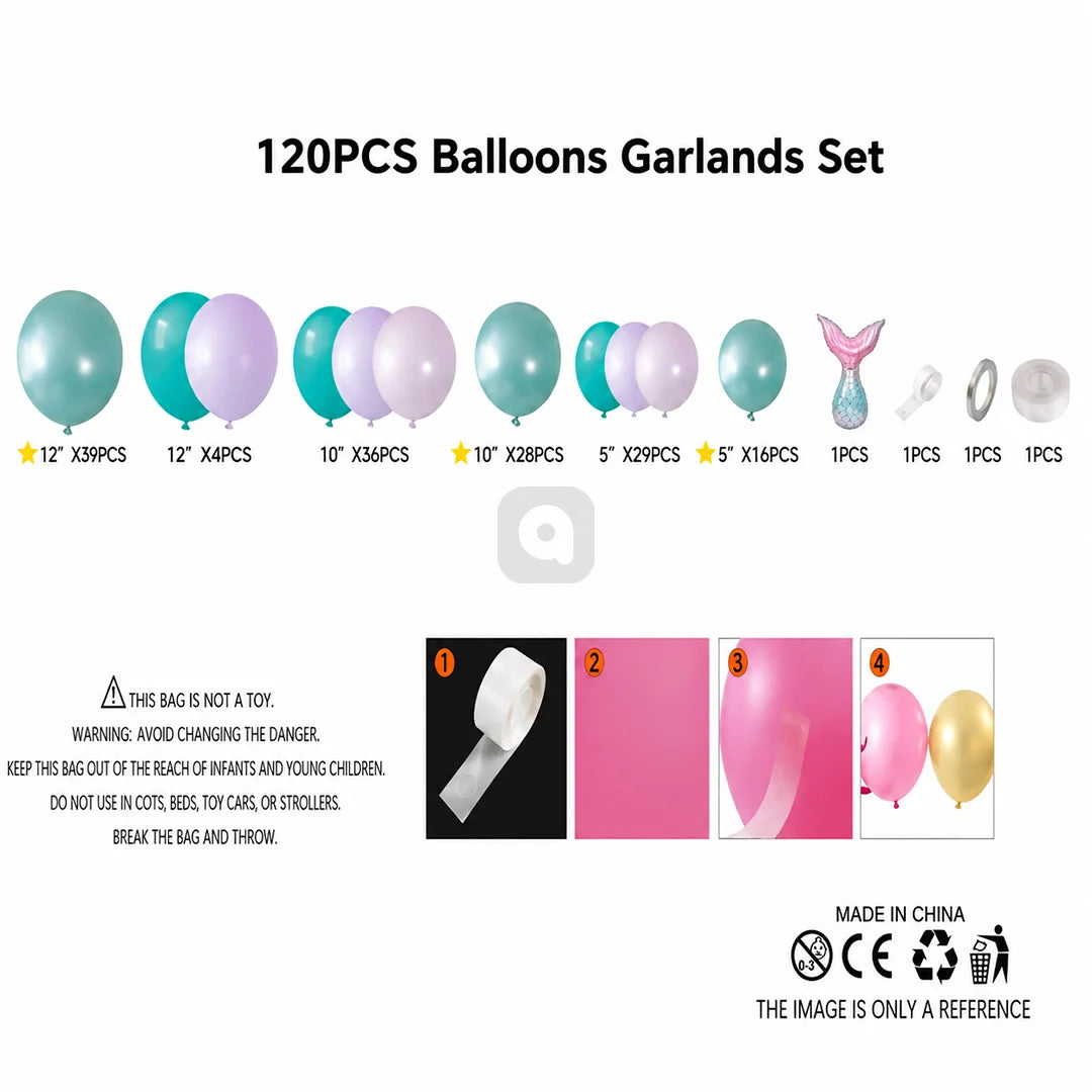 120 PCS Mermaid Theme Balloon Garland Arch Kit with Mermaid Tail Foil Balloon