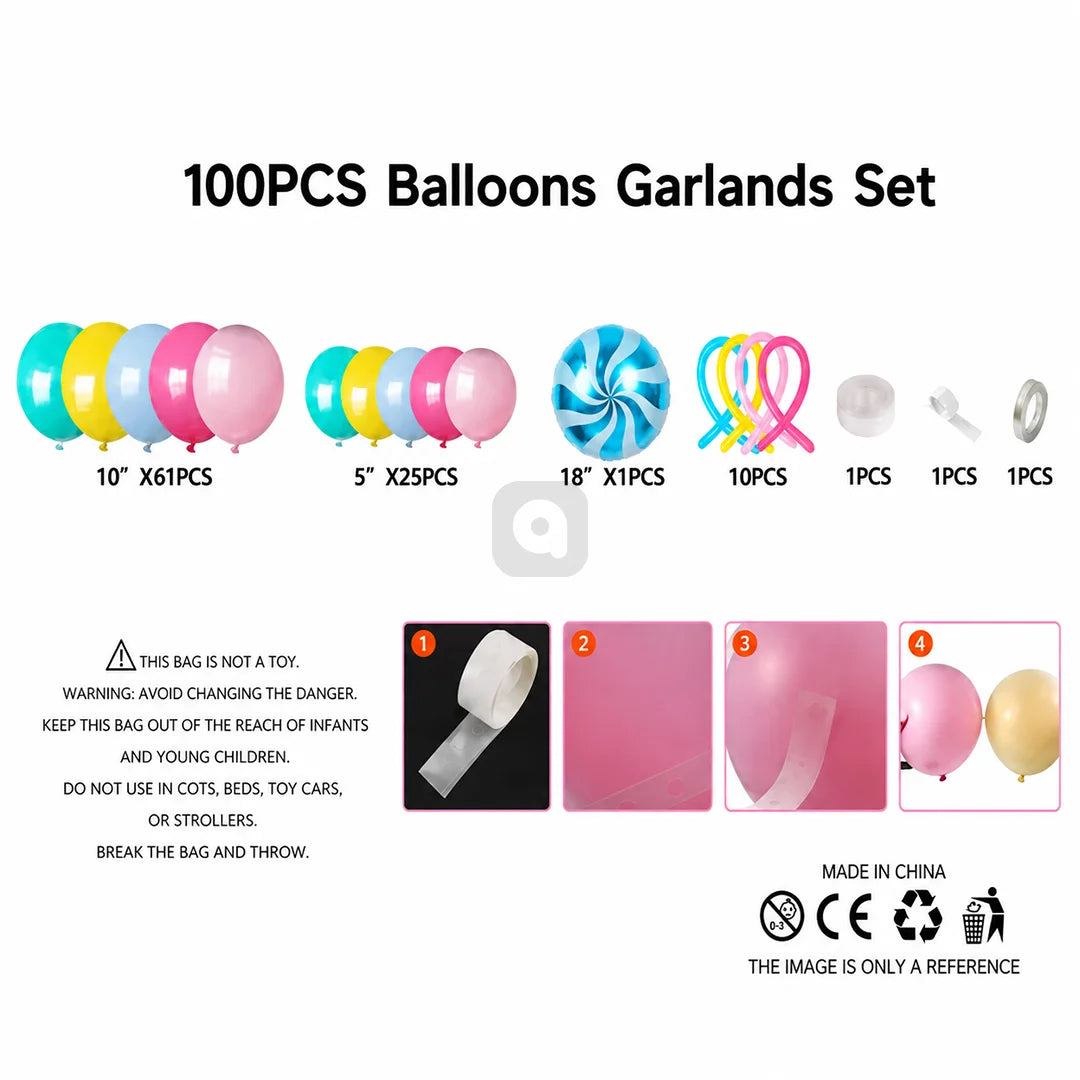 100 PCS Candy Theme Birthday Balloon Garland Arch Kit with Rainbow Foil Decorations | Pink Blue Yellow Party Balloon Decoration Set