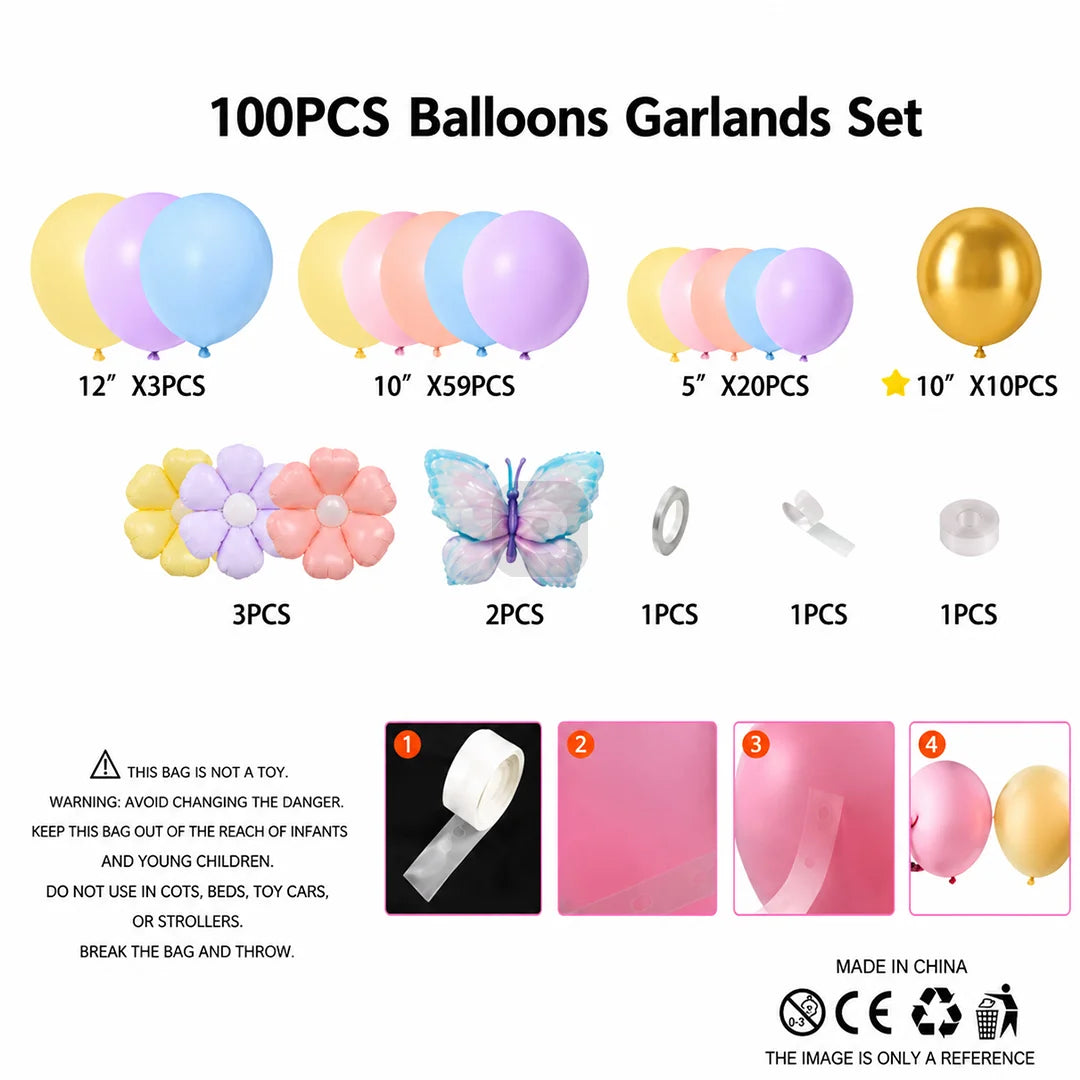 100 PCS Butterfly Theme Balloon Garland Kit | Pastel Pink Purple Blue Gold Birthday Party Balloon Decoration Set