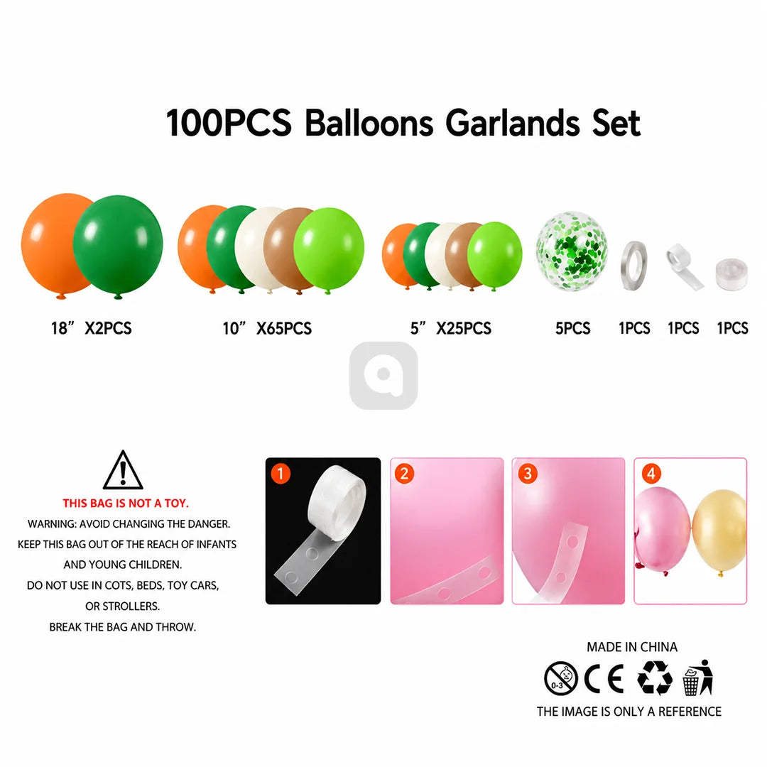 100 PCS Jungle Safari Theme Balloon Garland Kit | Green Orange Brown Wild Animal Birthday Party Balloon Decoration Set