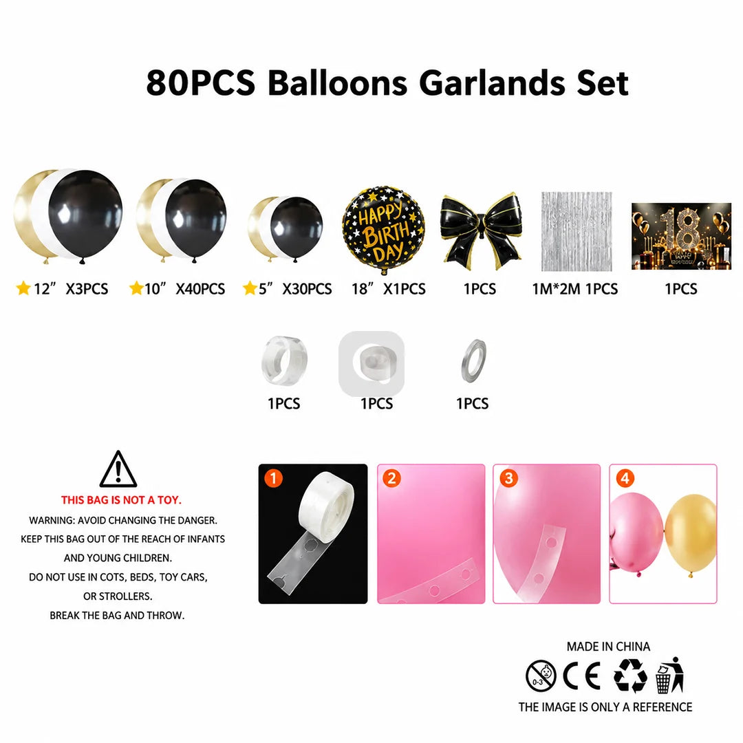 80 PCS Black Gold 18th Birthday Balloon Garland Arch Kit | Happy Birthday Party Decoration Set with Bow Foil, Backdrop & Curtain
