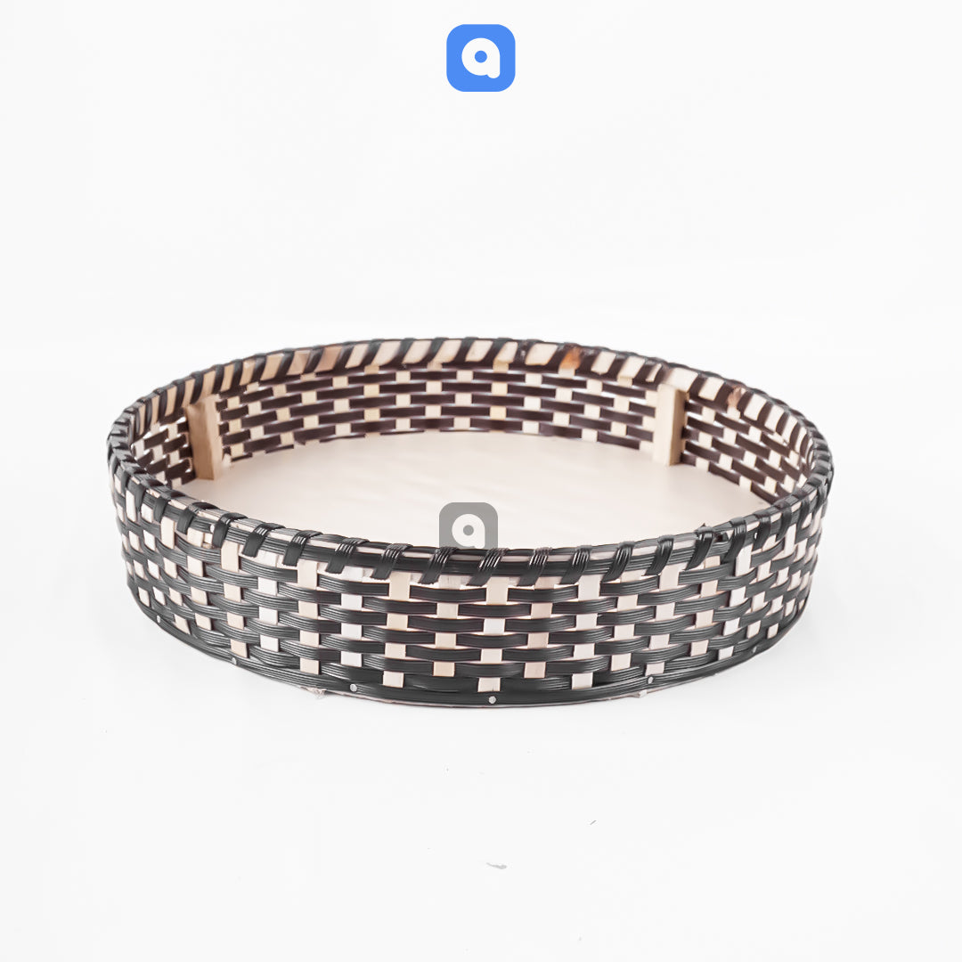 Brown & White - Round Cane Serving & Storage Tray for Home Decor