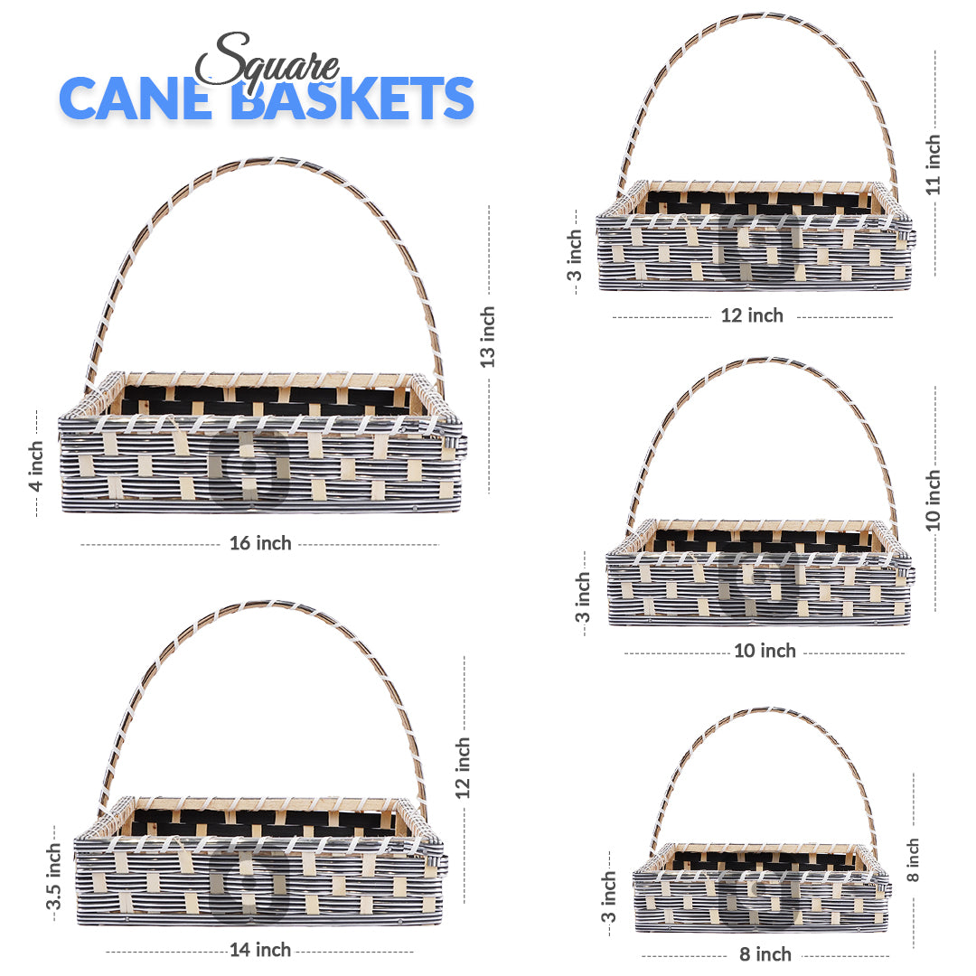 Set of 5 Silver Square Cane Baskets – Jute-Lined, Handmade Storage & Gift Baskets