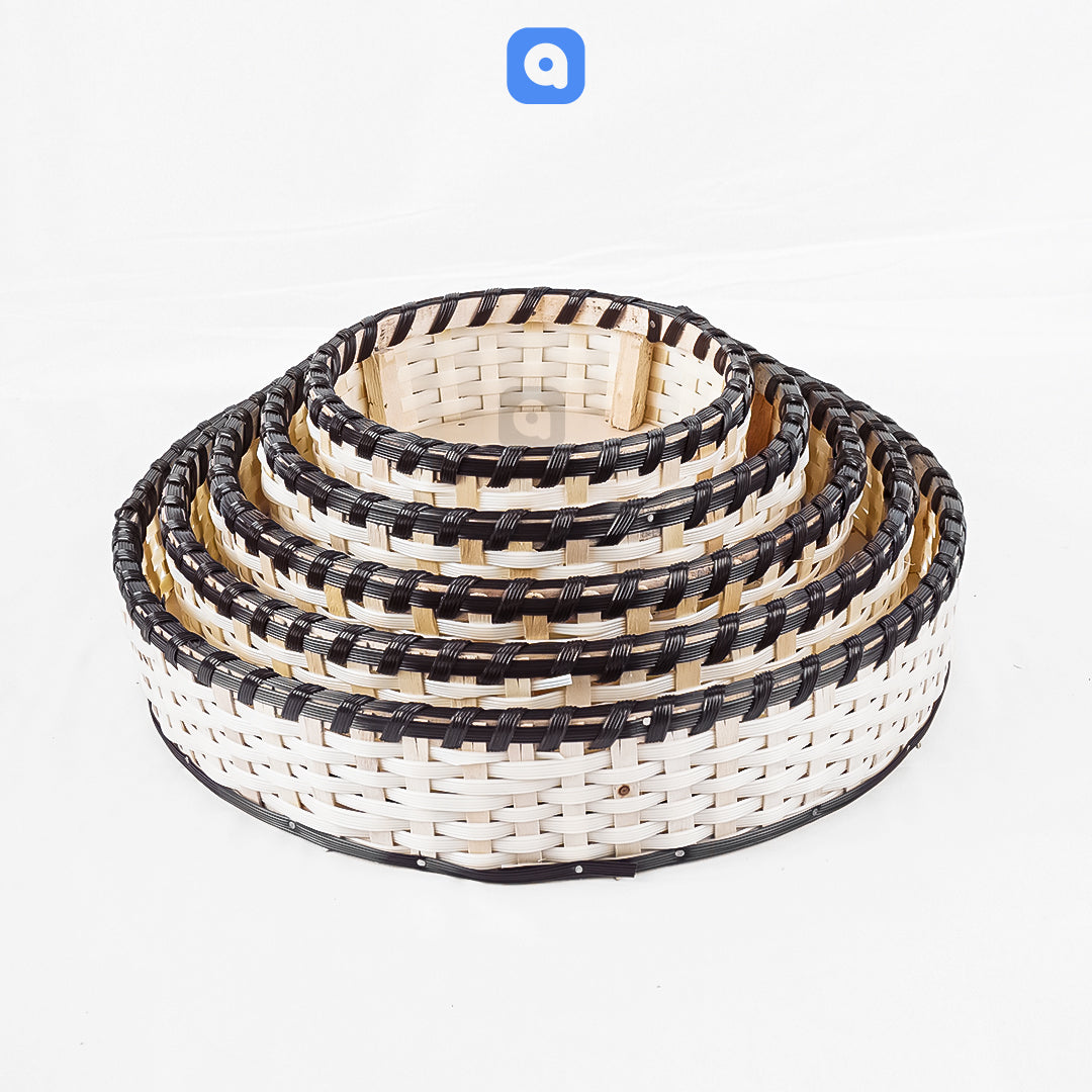 Brown & White Round Cane Serving & Storage Tray for Home Decor