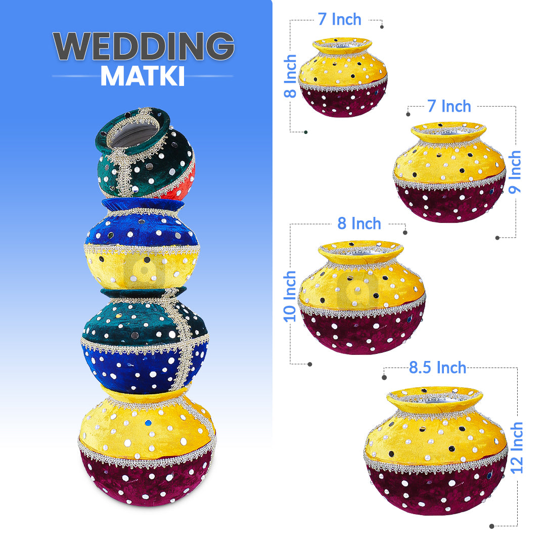 Decorative wedding matki with measurements on a white background