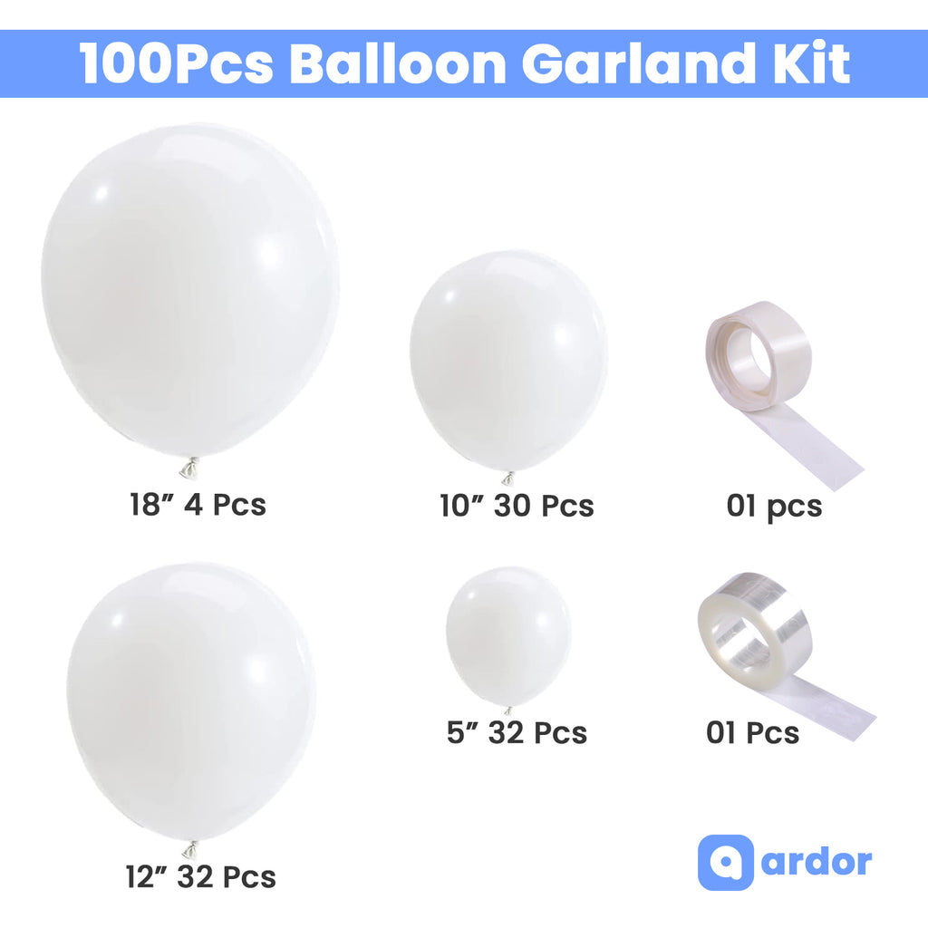 Pack of 100 | White Balloons Garland Kits | For Birthday, Anniversary, Bride to be, Baby Shower & Other Party Decor |