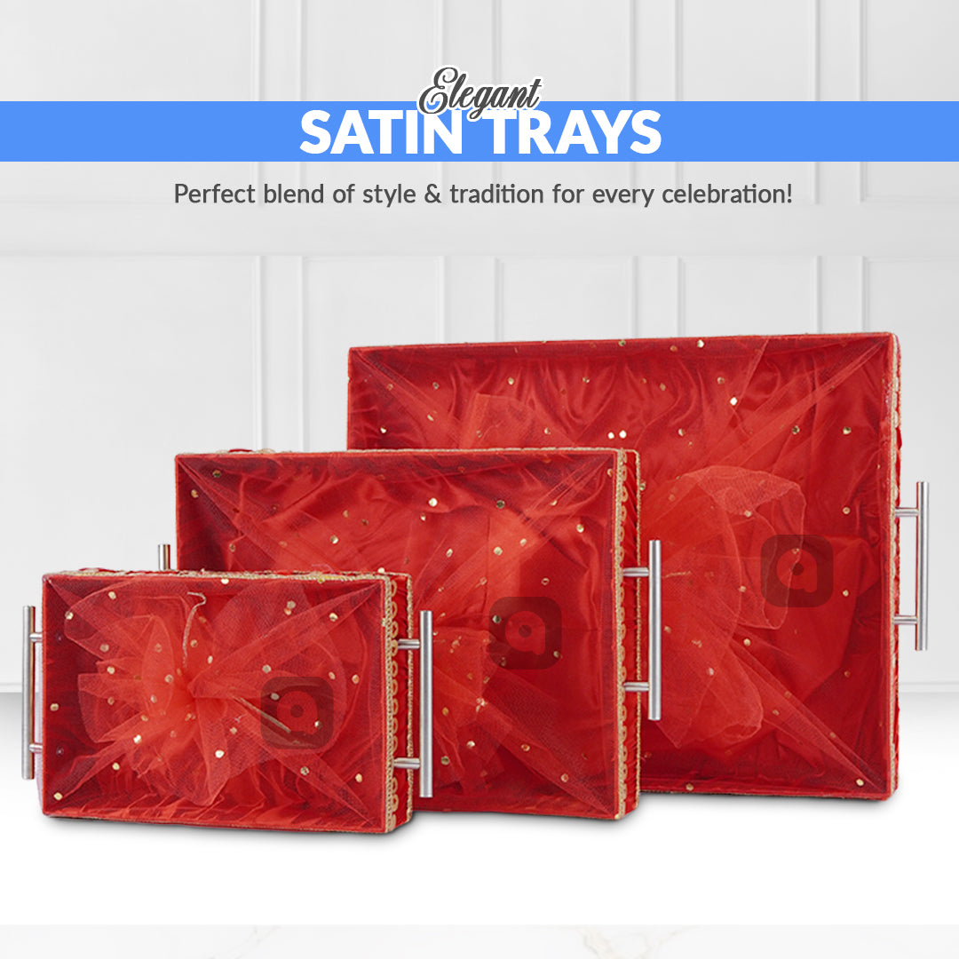 Set of 3 - Red Fabric Satin Trays Set – Decorative Display & Wedding Trays