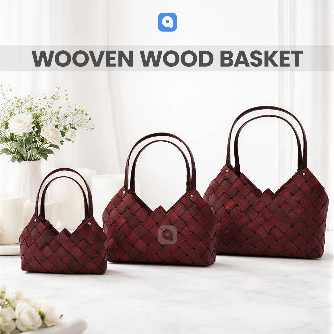 Set of 3 - Burgundy Wooven Wood Basket