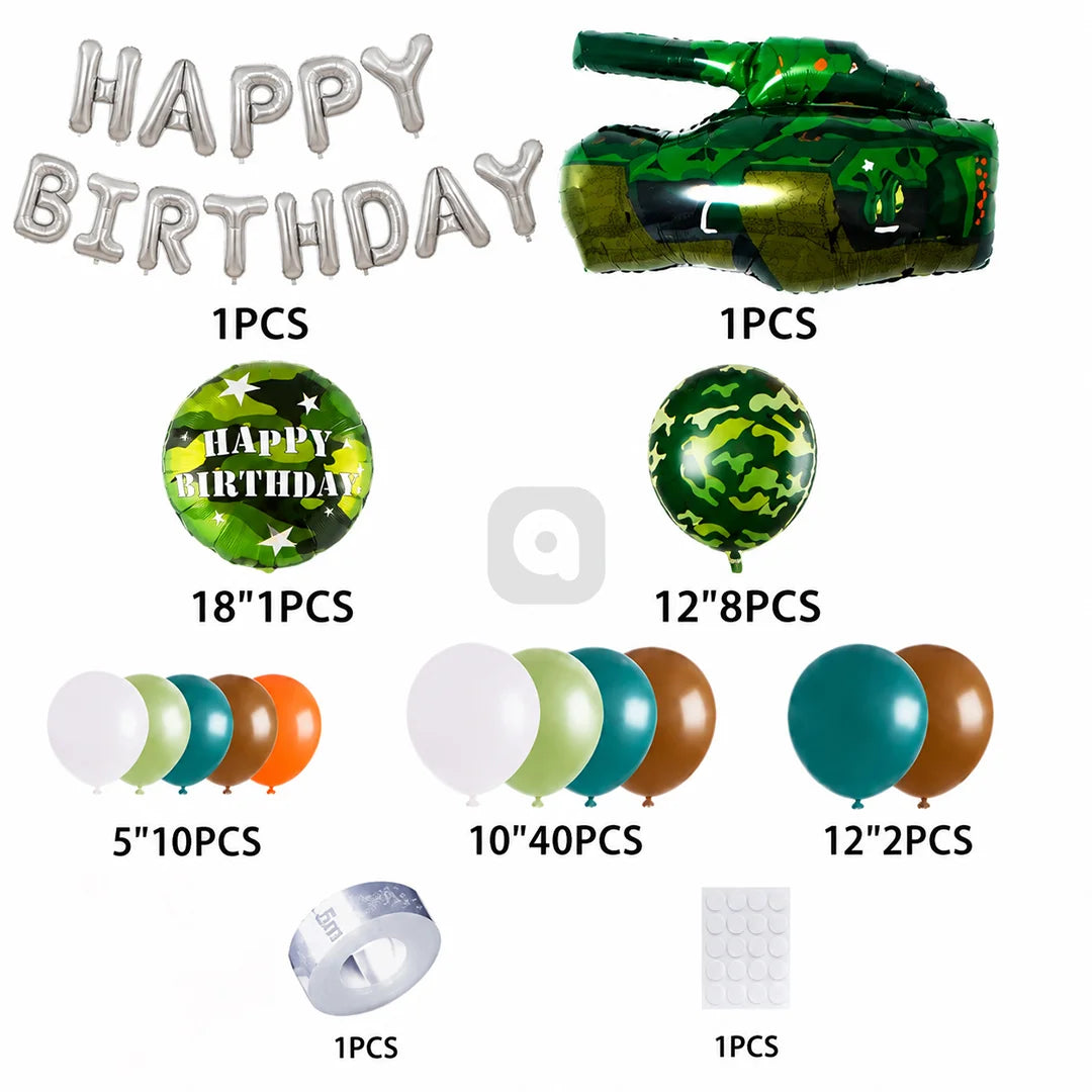 Army Military Birthday Balloon Garland Decoration Kit | Camouflage Party Balloons with Tank Foil & Happy Birthday Banner