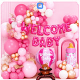 Welcome Baby Girl Decoration Kit – Baby Shower Balloon Garland Set with Foil Banner, Hot Air Balloon & Baby Bottle Foil Balloons