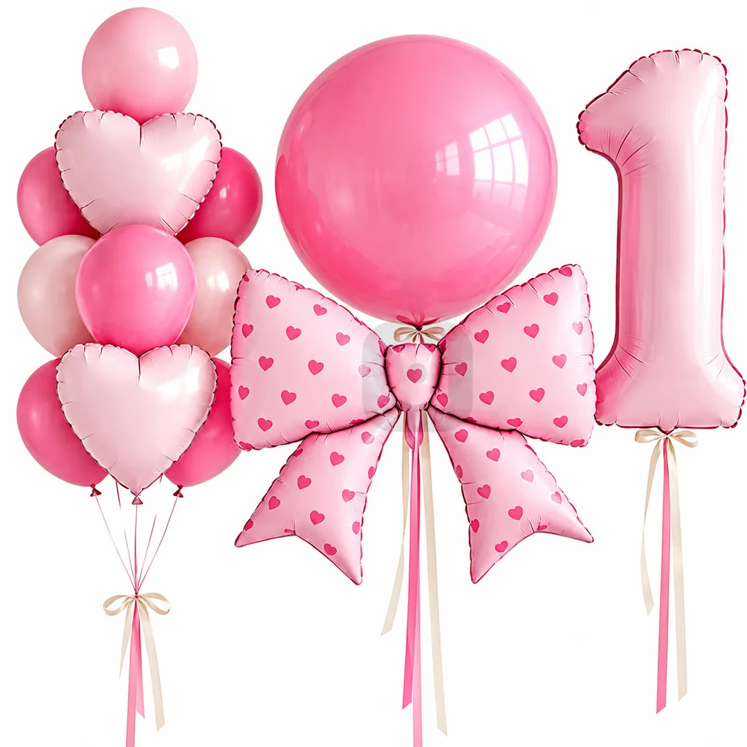 1st Birthday Balloon Decoration Set – Bow, Number 1 & Heart Balloons