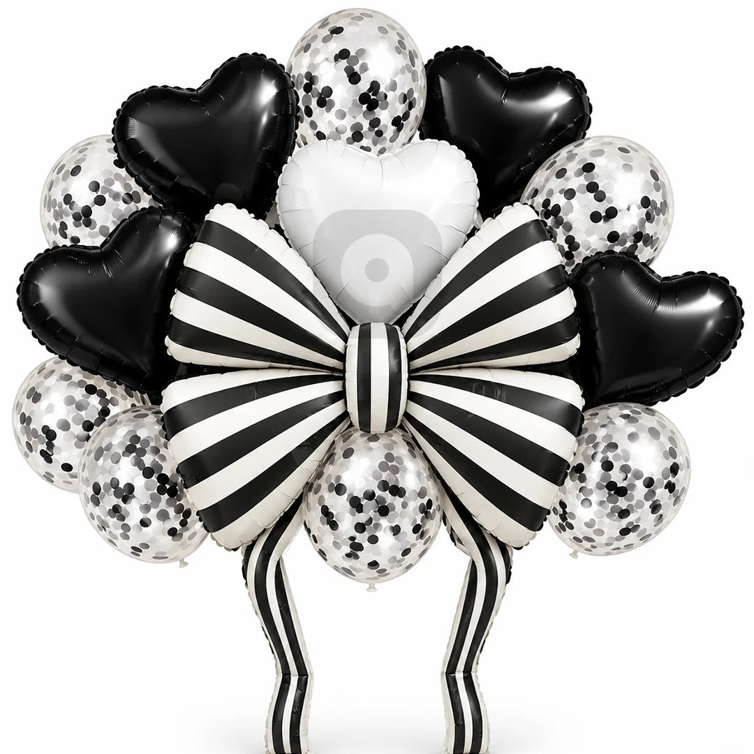Black & Silver Bow Heart Balloon Decoration Set – 17 Pcs