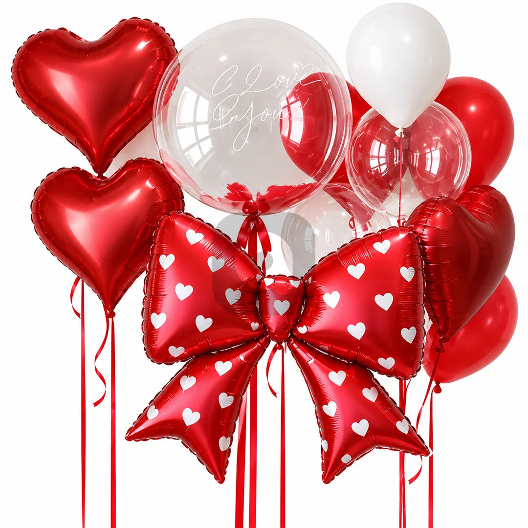 Red Heart & Bow Balloon Decoration Set – 14 Pcs