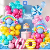 100 PCS Candy Theme Birthday Balloon Garland Arch Kit with Rainbow Foil Decorations | Pink Blue Yellow Party Balloon Decoration Set