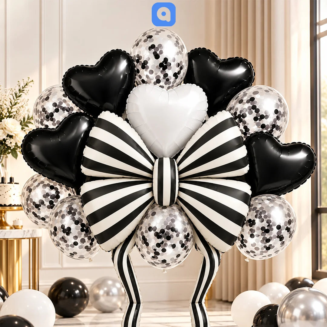 Black & Silver Bow Heart Balloon Decoration Set – 17 Pcs