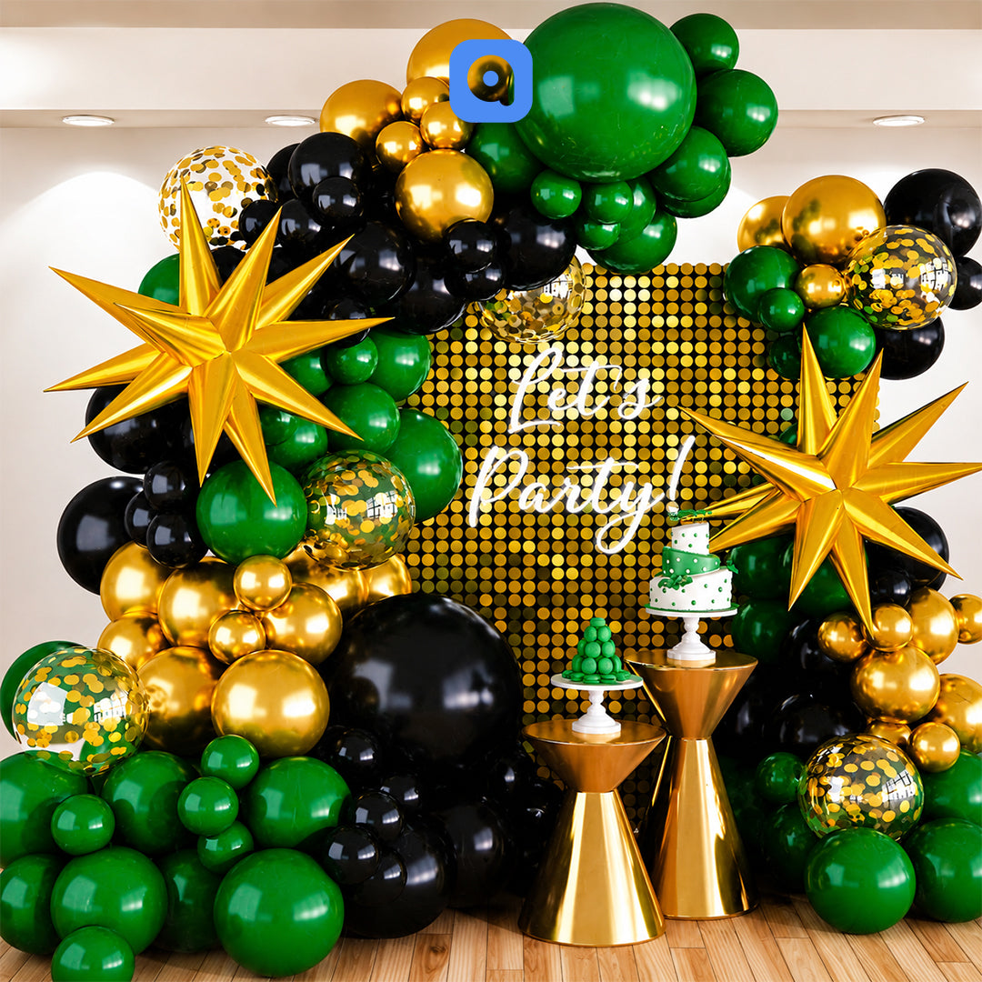 Black Green & Gold Balloon Garland Arch Kit with 3D Star Foil Balloons | Luxury Birthday Party Decoration Backdrop Set
