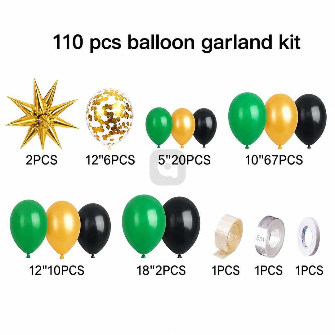 Black Green & Gold Balloon Garland Arch Kit with 3D Star Foil Balloons | Luxury Birthday Party Decoration Backdrop Set