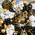 80 PCS Black Gold 18th Birthday Balloon Garland Arch Kit | Happy Birthday Party Decoration Set with Bow Foil, Backdrop & Curtain