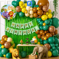 102 PCS Jungle Safari Birthday Balloon Garland Kit | Green Brown Gold Wild Animal Party Decoration Set with Banner & Foil Curtain
