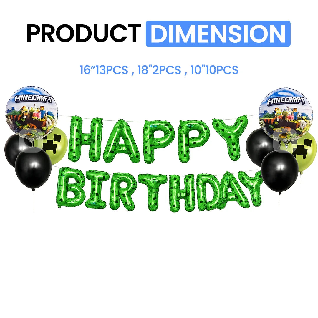 Minecraft Happy Birthday balloon set with green foil letter balloons spelling 'HAPPY BIRTHDAY', black balloons, and round Minecraft-themed balloons on a white background with product dimension text.