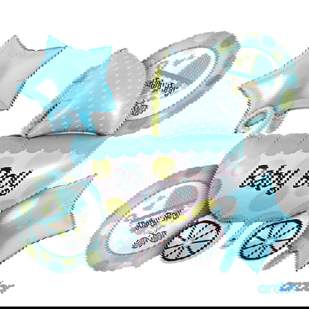 Baby Boy Cart Shaped 5 Pcs Foil Balloons Set - ardor