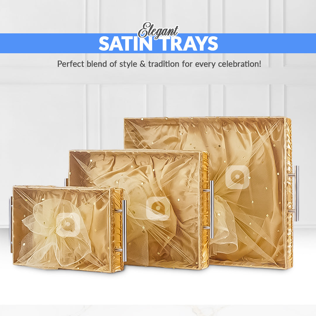 Set of 3 - Golden Fabric Satin Trays Set – Decorative Display & Wedding Trays