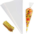 Transparent Cone Treat Bags Pack of 100 (with Gold Ties)