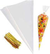 Transparent Cone Treat Bags Pack of 100 (with Gold Ties)
